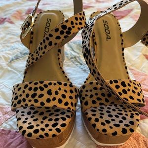 SODA leopard, cheetah, animal print sandals wedges